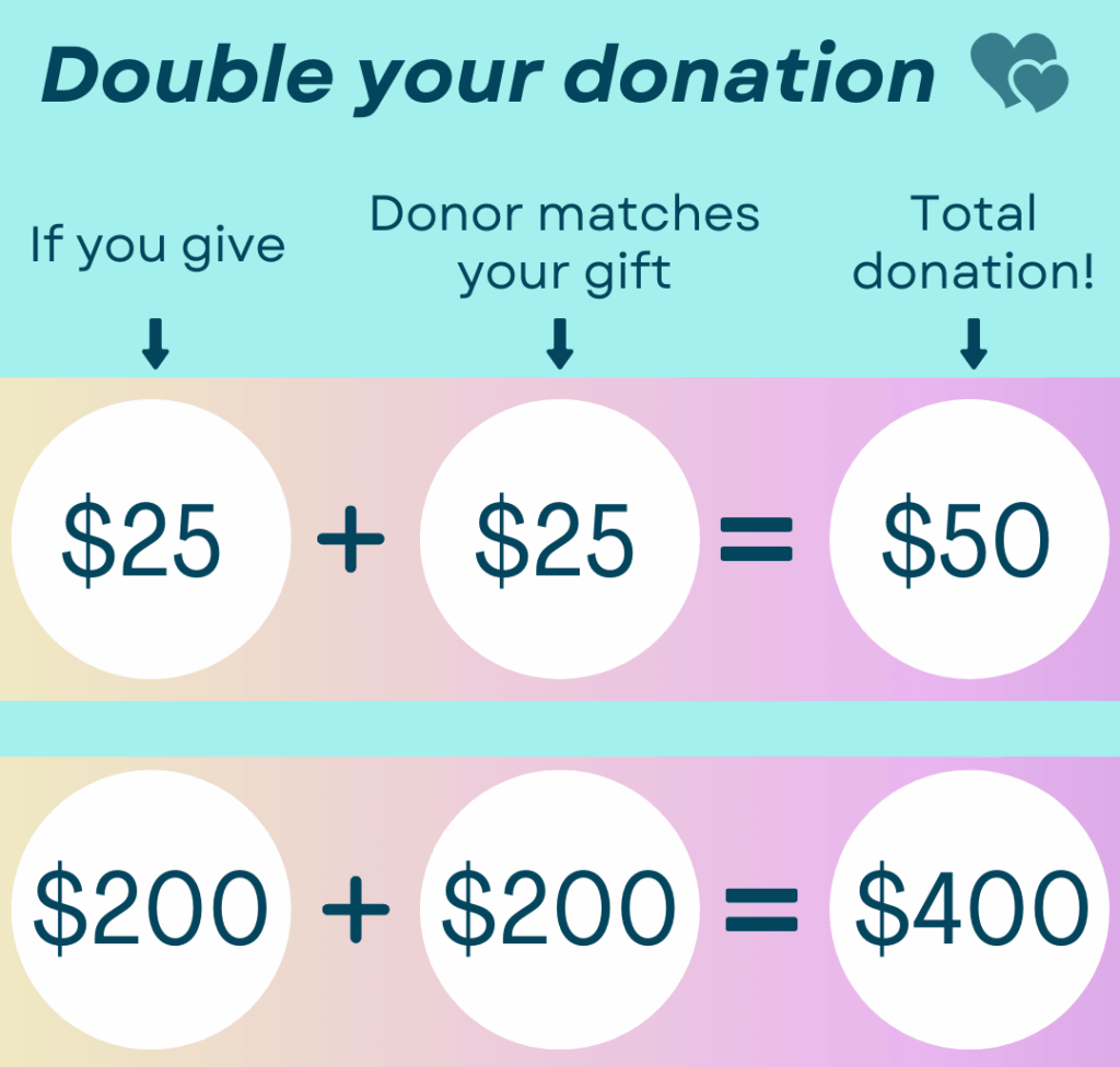 Graphic image with aqua backgound and navy blue text. Text says: "Double your donation! If you give $25 + donor matches your gift with $25 = total donation is $50. If you give $200 + donor matches your gift with $200 = total donation is $400!"