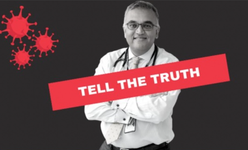 A black background with a photo of White House COVID Response Coordinator Ashish Jha, text reads "Tell the truth."