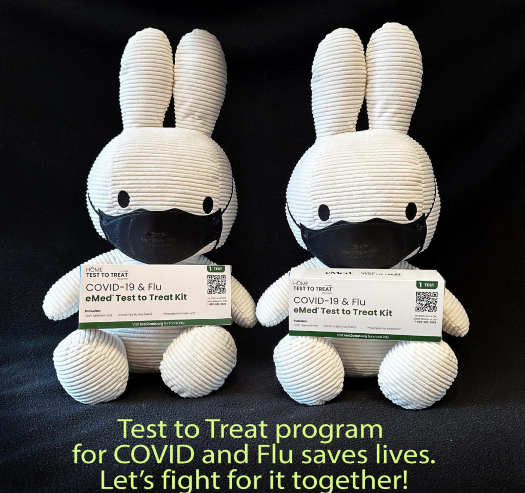 image of 2 stuffed bunnies wearing respirators and holding test to treat kits