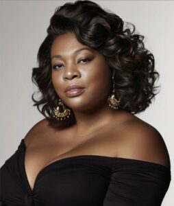 Photo of Tori Cooper, a Black woman with shoulder-length hair with large curls. She wears large gold earrings and an off-the-shoulder black dress.