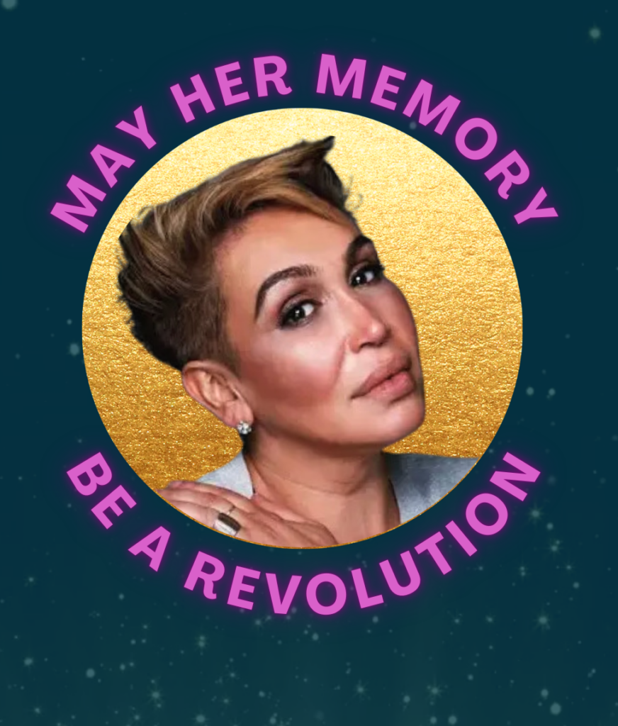 Blue background with photo of Cecilia Gentili in front of a gold glittery circle. Around the circle are the words “May her memory be a revolution.” Gold sparkles float up from the bottom edge.